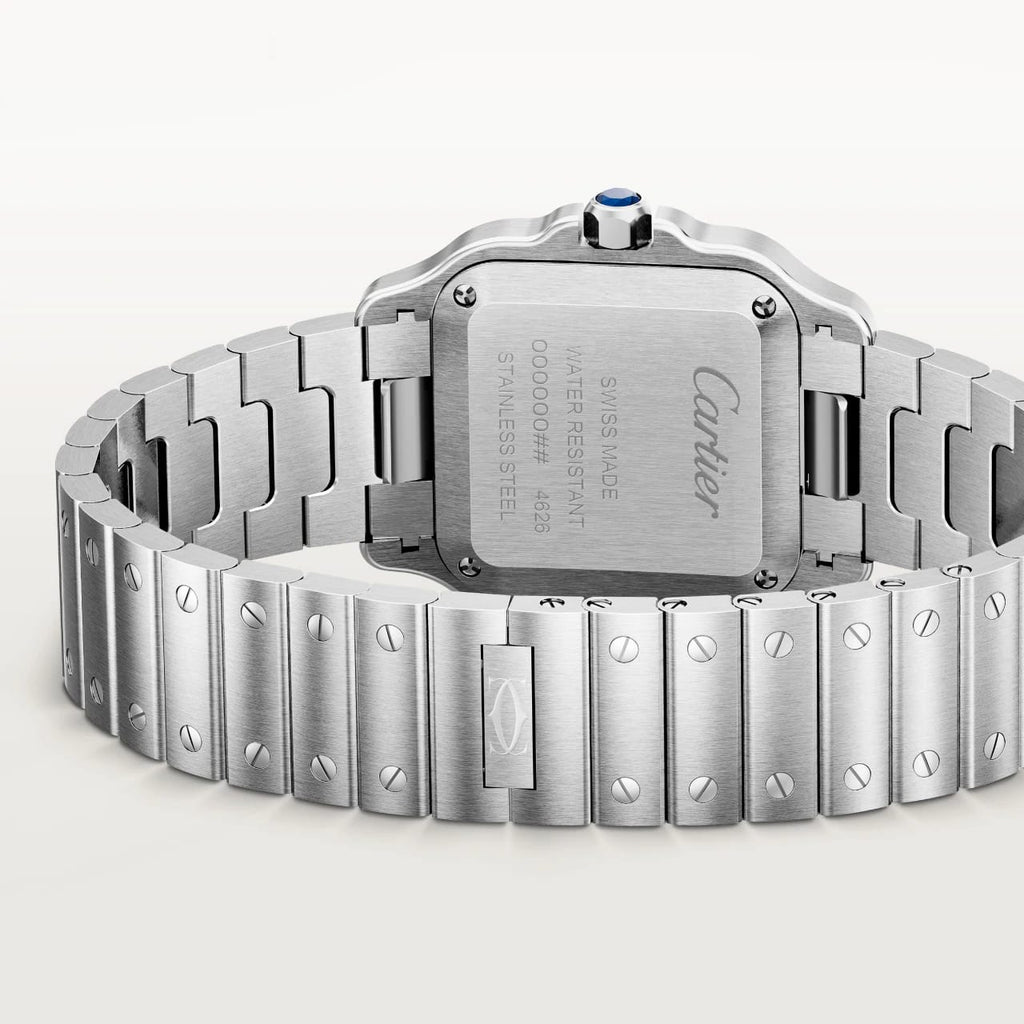 Cartier Santos Uhr Luxuriöse Armbanduhr mit Edelstahlarmband und markantem Zifferblatt.