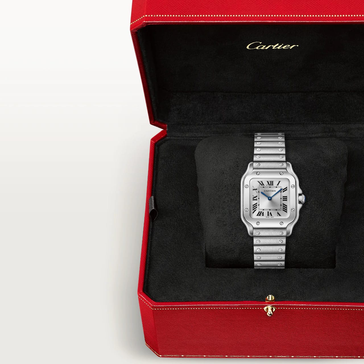Cartier Santos Uhr Luxuriöse Armbanduhr in rotem Karton präsentiert, zeigt edlen Stil und Handwerkskunst.